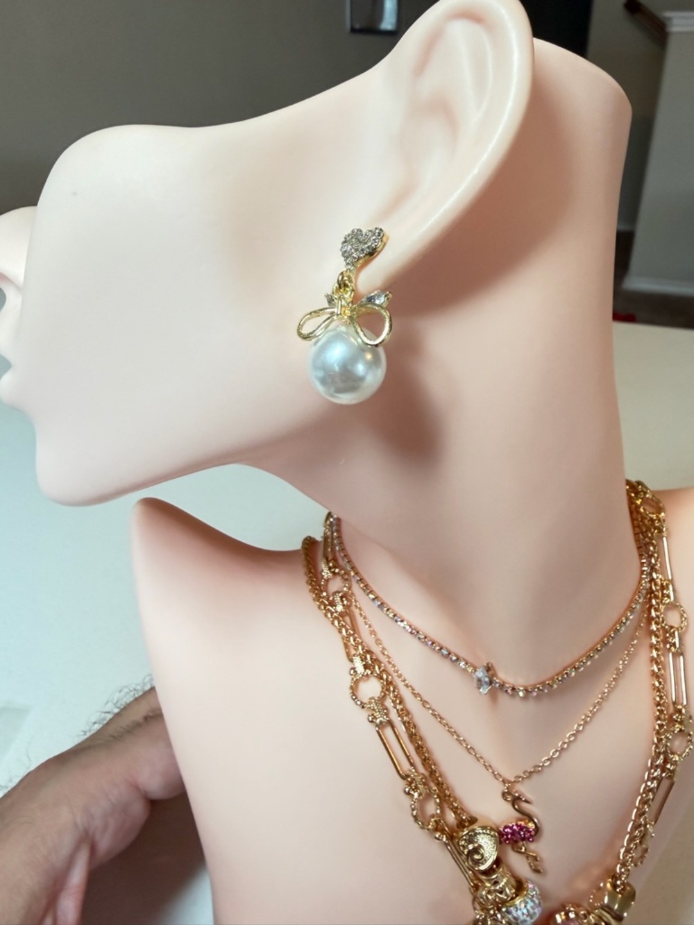 Gold Pearl Stud Heart Drop Earrings. - Picture 5 of 6